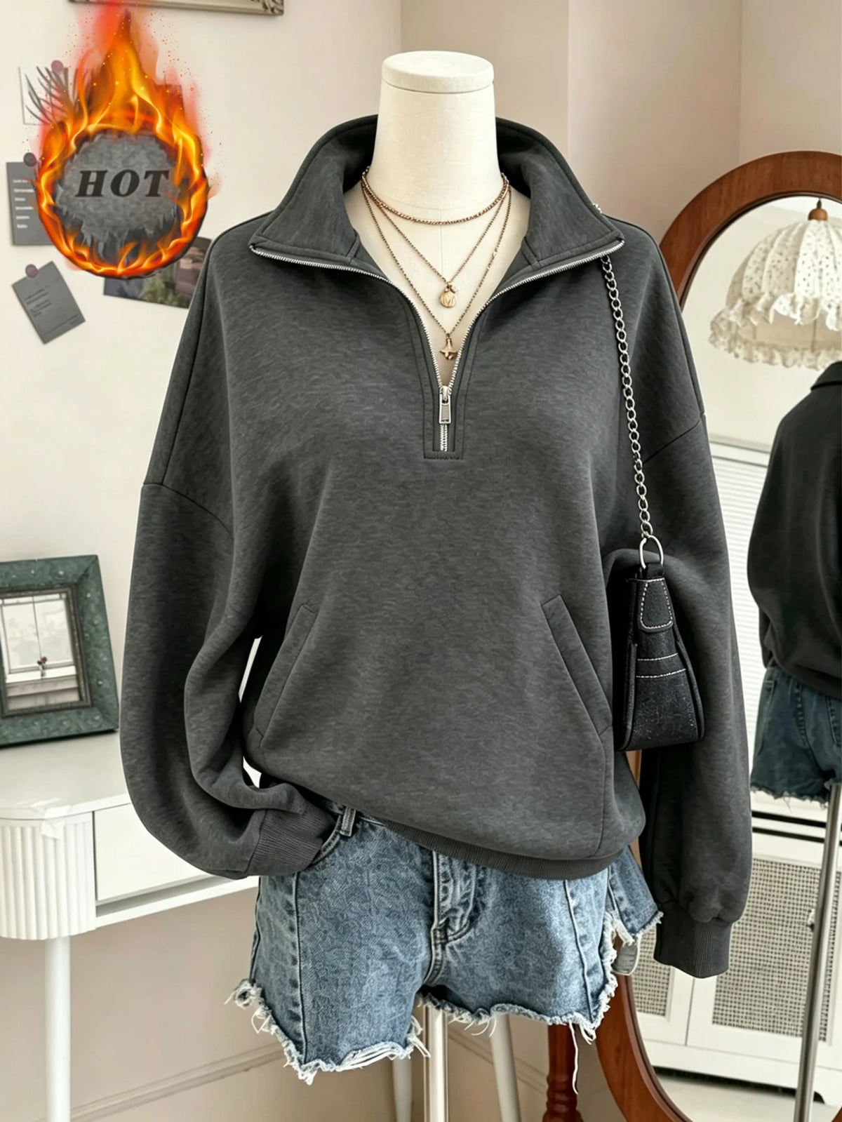 Women's Half Zip Fleece Sweatshirt Oversized Drop Shoulder Pullover with Pockets