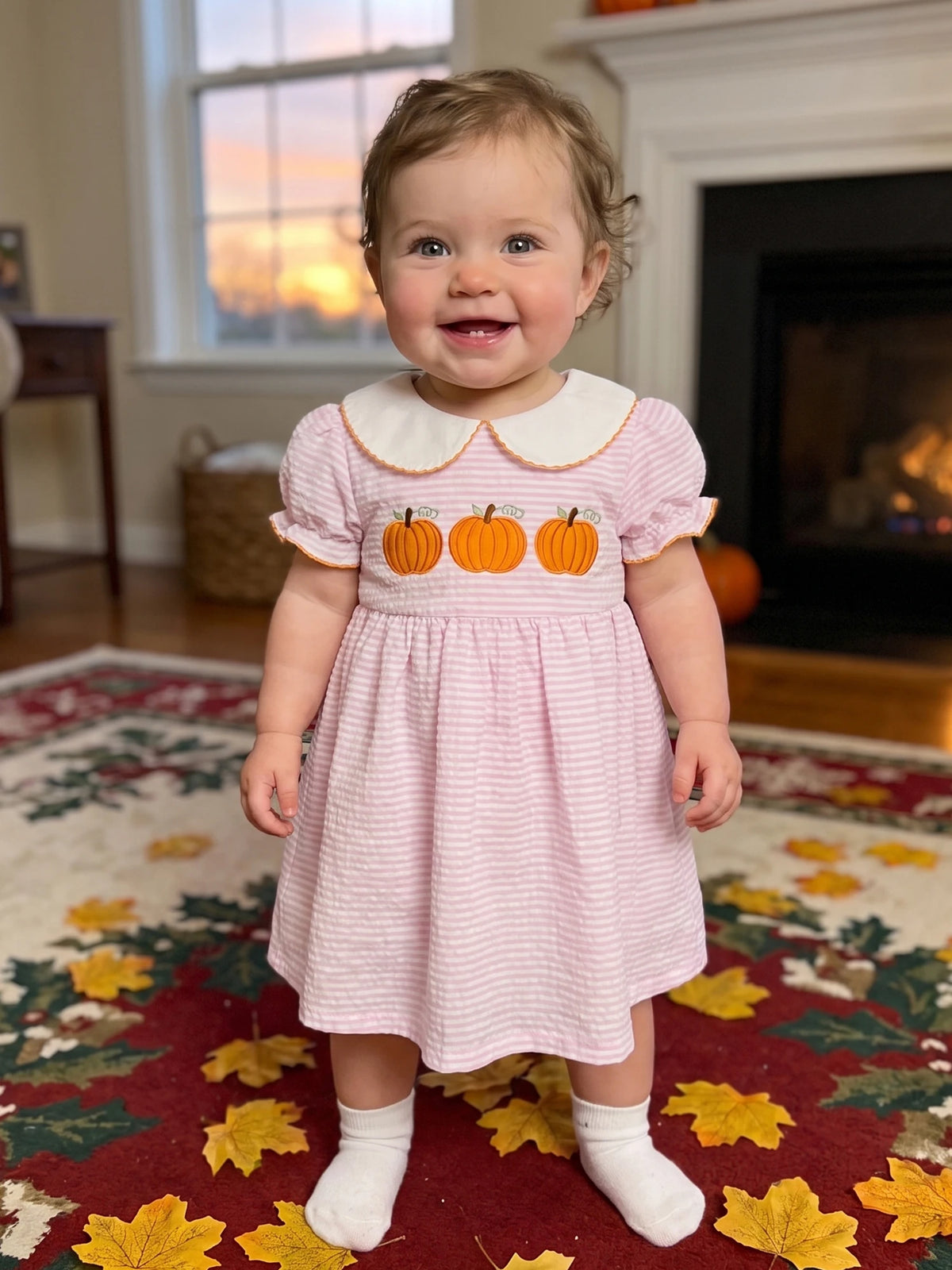 Dress-Pumpkin-Embroidery Girls Halloween Kid-Girls Kid Girls Halloween Embroidery Stripe Collar Stripe Dress-Pumpkin-Embroidery