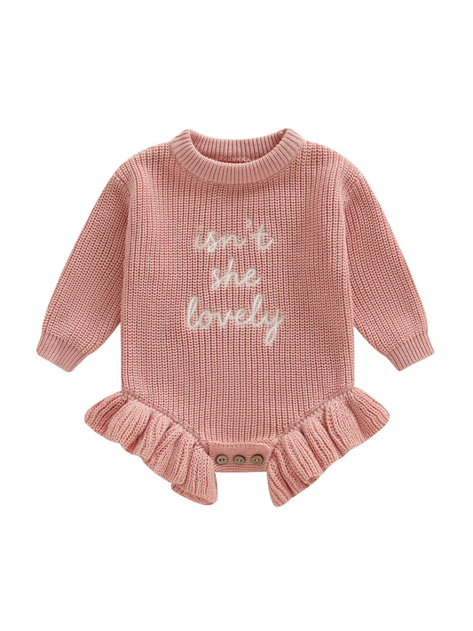 Infant Girl Cozy Knitted Romper With Embroidered Letters