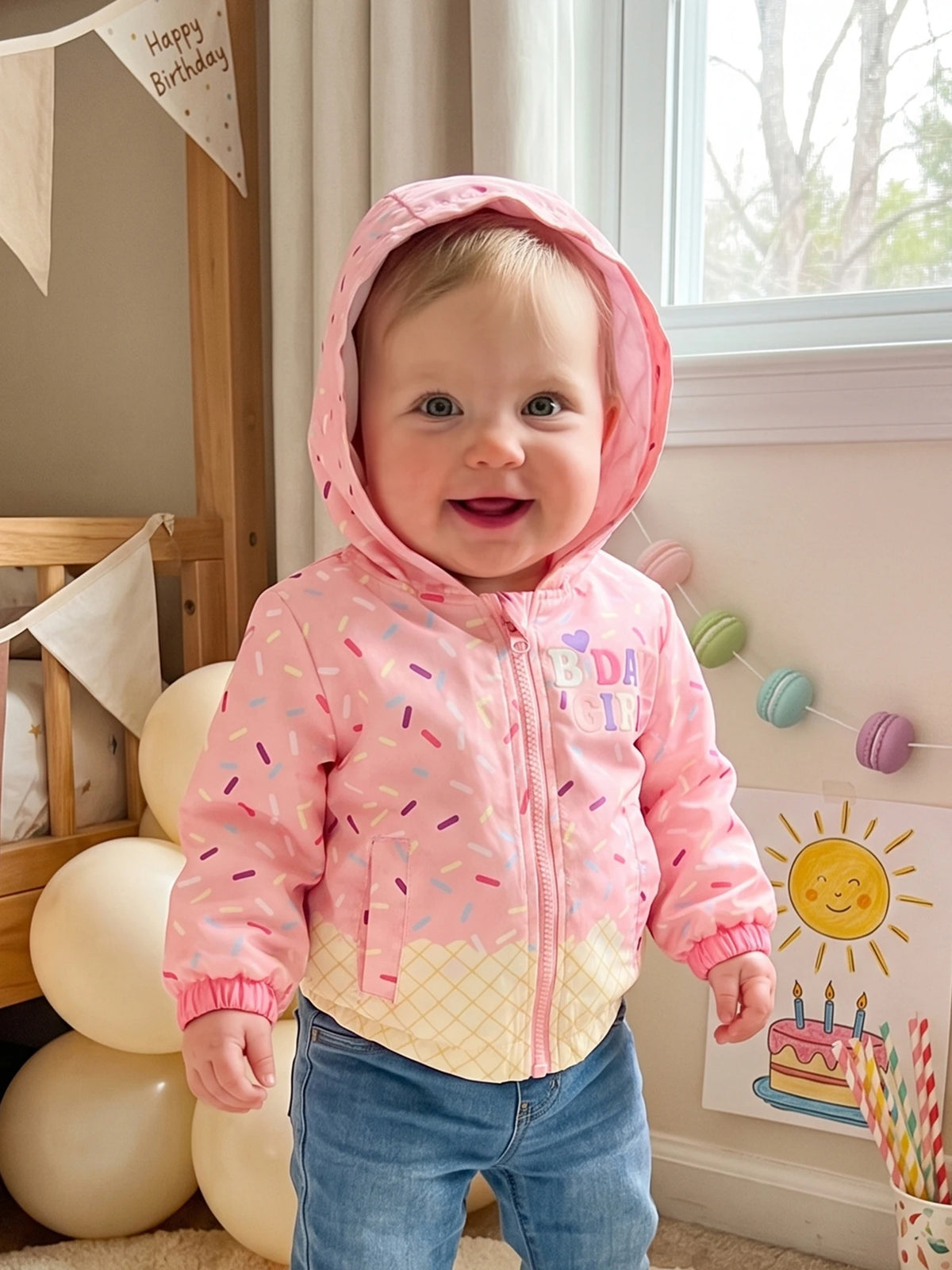 Long Sleeve Closure Zip Girl Birthday Hood Cute Zip Closure Coat Girl Birthday Jacket Cute Print Durable Long Sleeve Closure