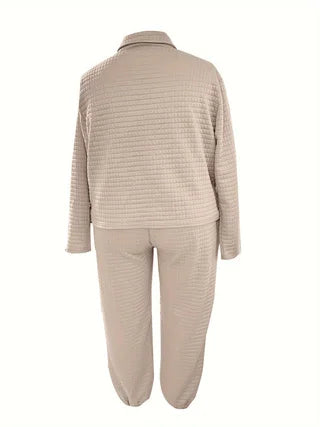 Plus size women's small checkered long sleeve European and American new spring and autumn lapel cardigan casual fashion long pants set