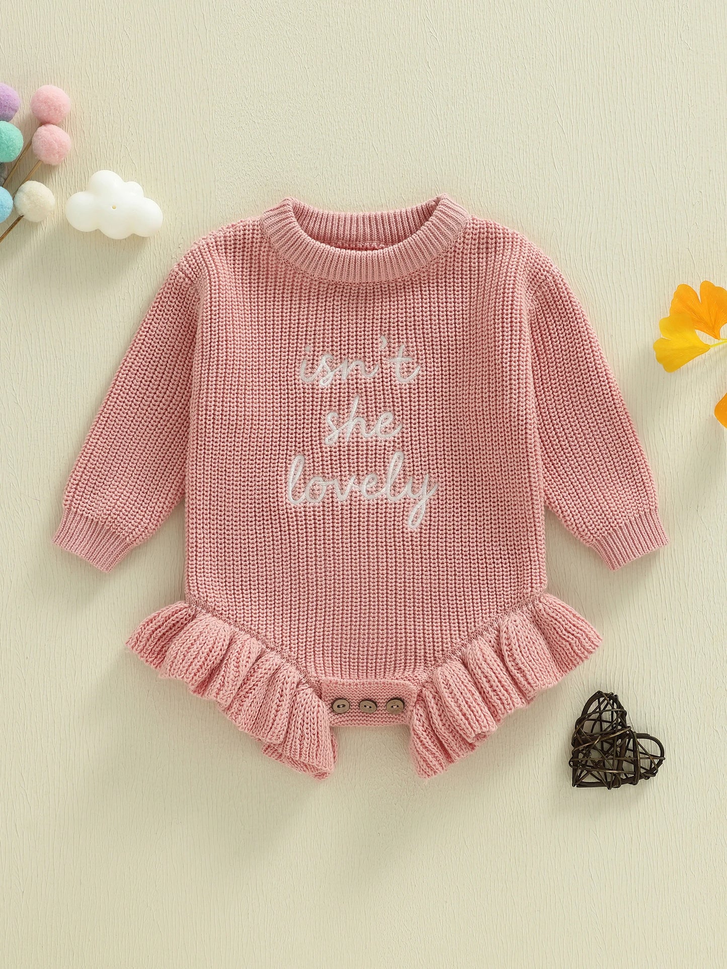 Infant Girl Cozy Knitted Romper With Embroidered Letters