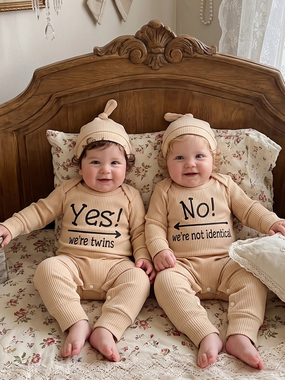 Ribbed Crew Neck Long Sleeve Baby Outfits Letter Baby Outfits Letter Twin Letter-Print-Ribbed Romper Ribbed Crew Neck Long