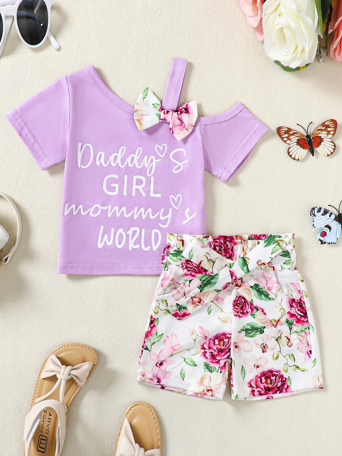 Girls Cotton Floral Summer Set T Shirt And Shorts Outfit