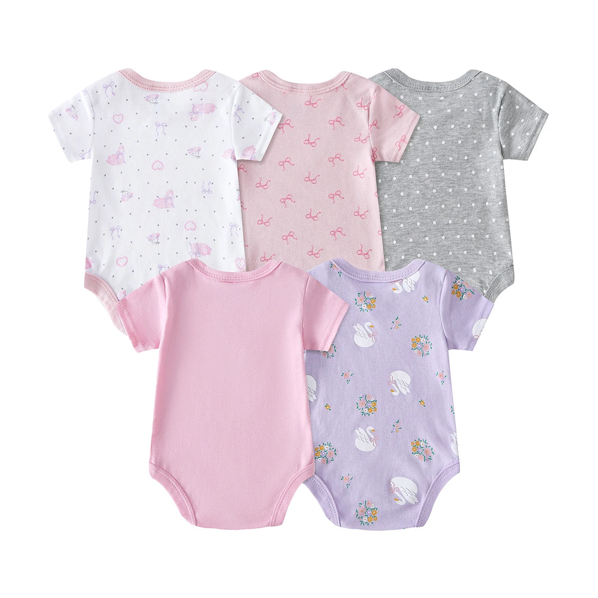 5pcs Baby Girl Romper Set - Cute Animal Print Short Sleeve Outfits with Ribbed Cuffs, Soft Breathable Fabric, All-Season Comfort, Elegant Round Neck Design for Outdoor Play & Casual Attire, Baby Girl Clothes, Playful Babywear