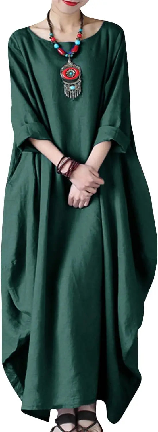 Autumn Solid Cotton Caftan Dress Loose Fit Women Casual