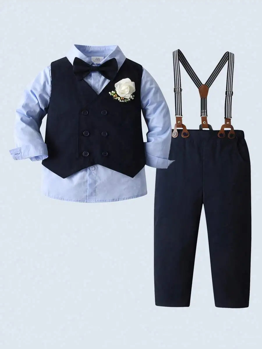 Toddler Boys Formal Suit Set Shirt Vest Pants Bow Tie