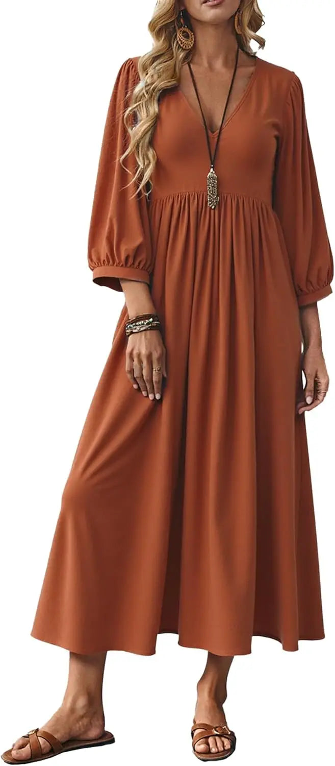 Autumn Solid Cotton Caftan Dress Loose Fit Women Casual