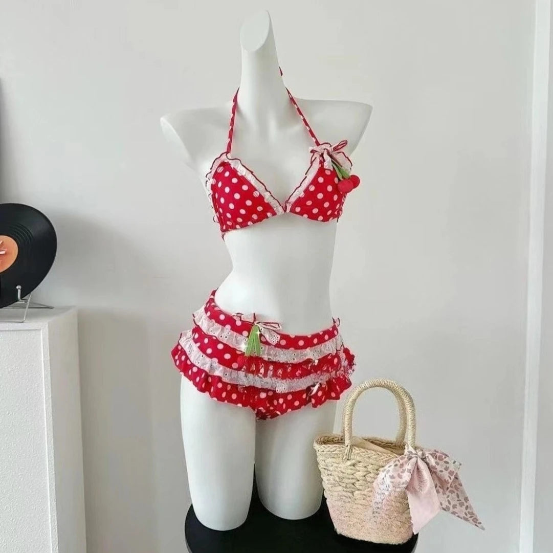 Kawaii Crop Top Swimwear Set For Women Bow Harajuku Bikini