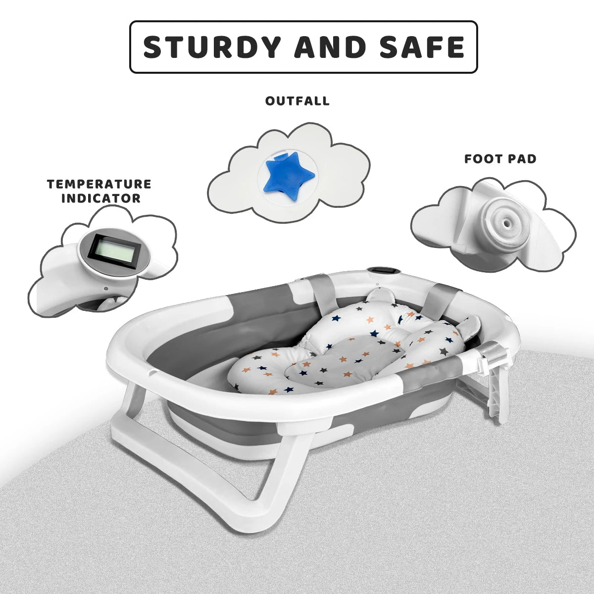 Foldable Baby Bathtub With Soft Cushion And Thermometer Portable Travel