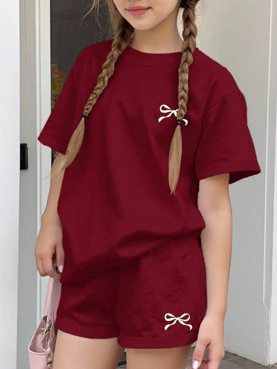 Cherry Bow Print Short Sleeve Tee And Plaid Shorts Set