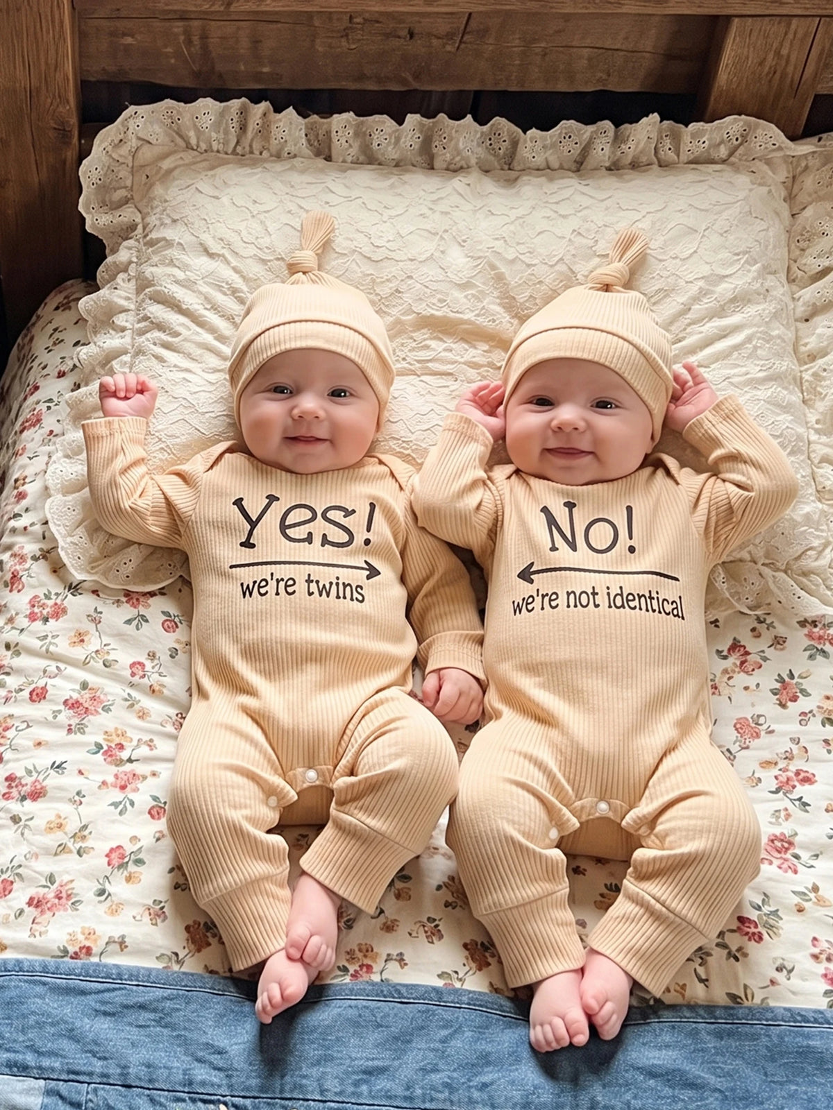 Ribbed Crew Neck Long Sleeve Baby Outfits Letter Baby Outfits Letter Twin Letter-Print-Ribbed Romper Ribbed Crew Neck Long
