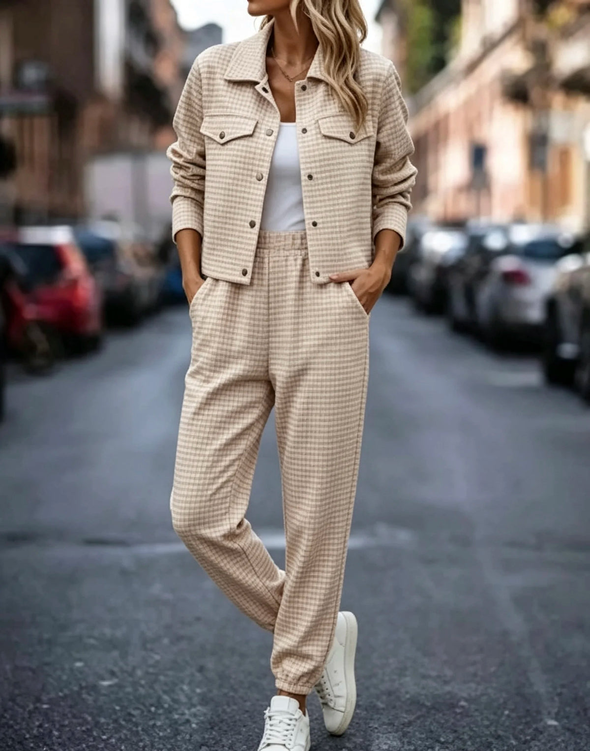 Plus size women's small checkered long sleeve European and American new spring and autumn lapel cardigan casual fashion long pants set