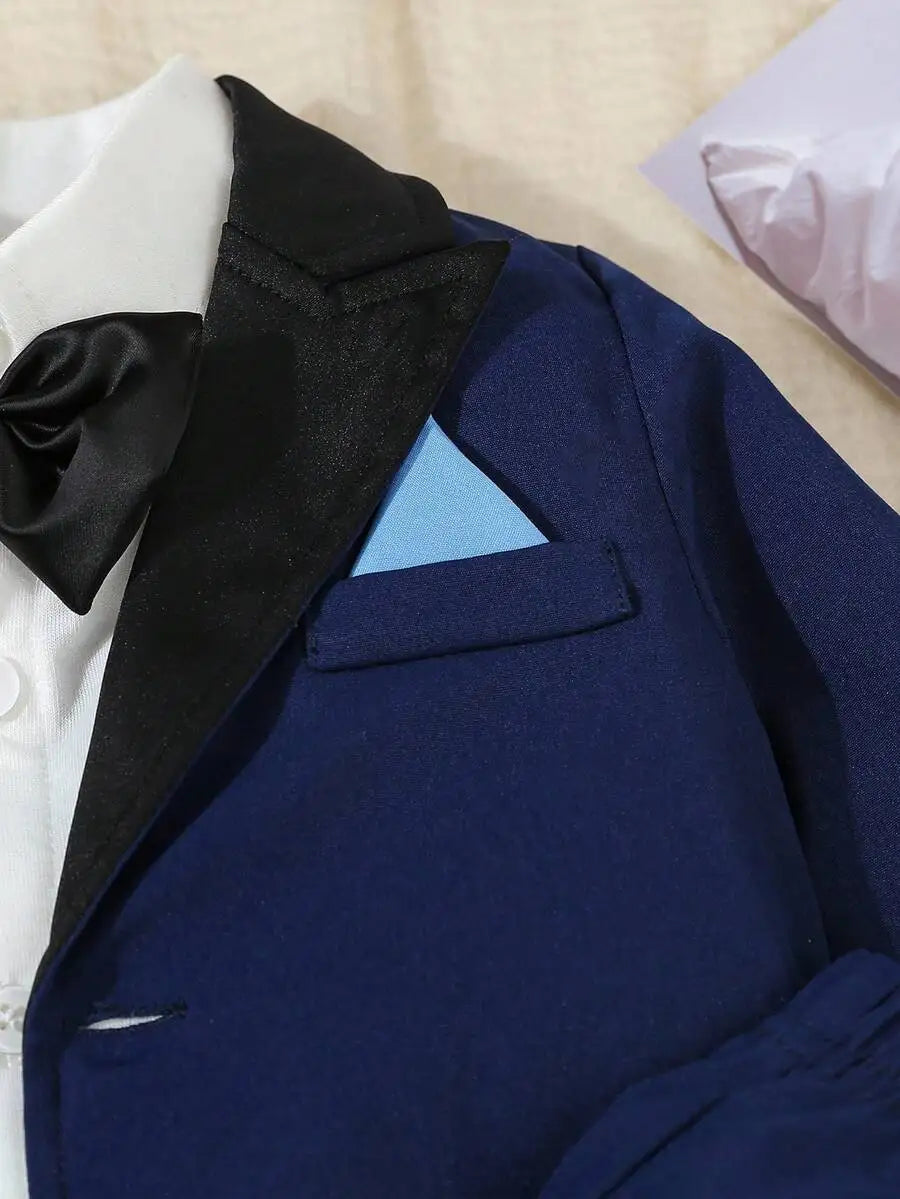 Toddler Formal Suit Set Shawl Lapel Jacket Bow Tie Elastic Waist Pants