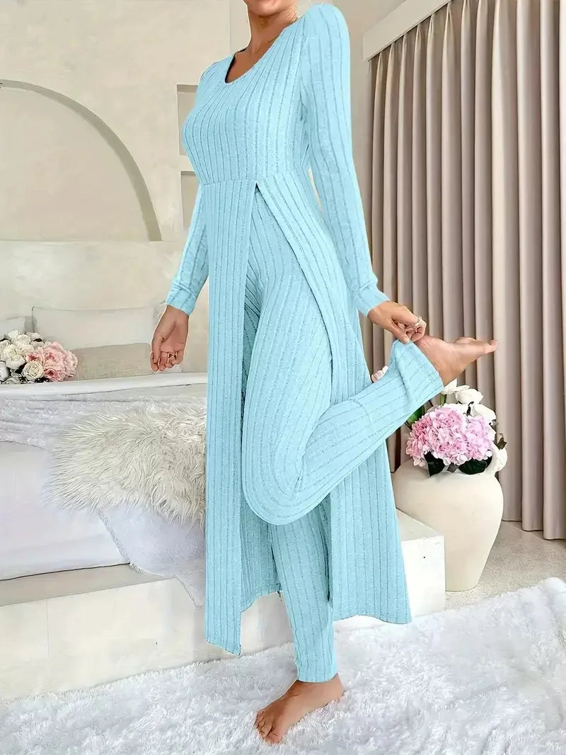 2026 New Fall/Winter Design Round-neck Slit Long-Sleeved Thick Striped Long-Sleeved Two-Piece Set (Extra Large Long-Sleeved Casual Wear)