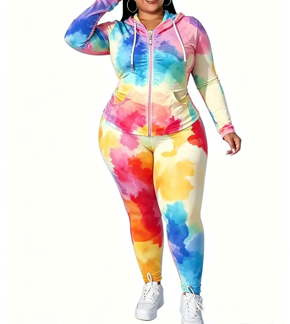 Plus size rainbow tie-dye cinched waist hooded zip-up jacket and skinny pants two-piece set; casual sports print set