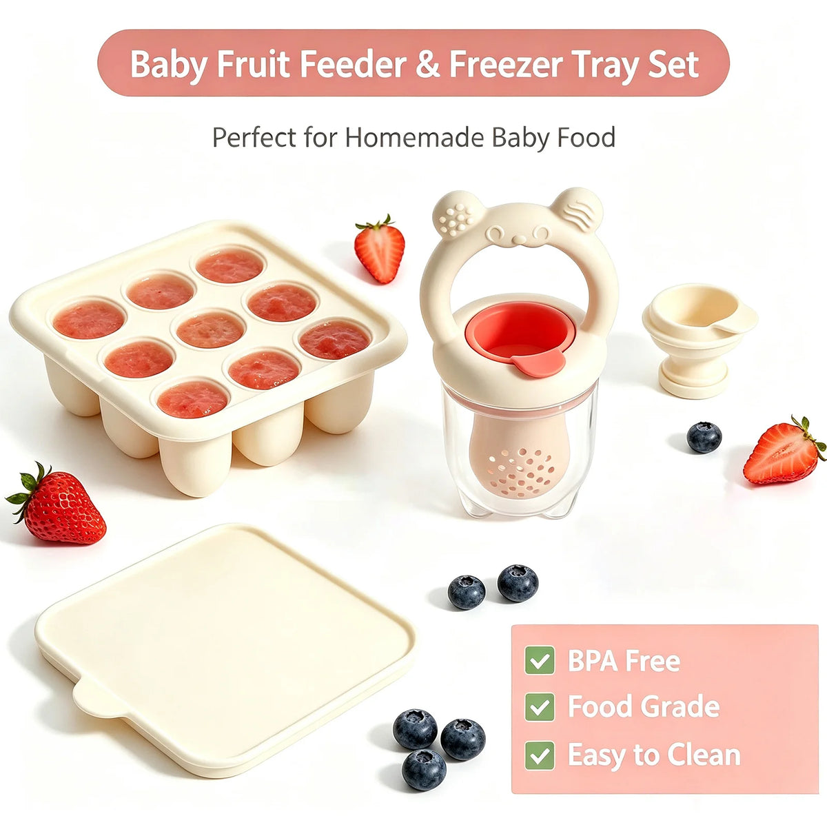 BPA Free Baby Fruit Feeder with Silicone Food Freezer Tray, Food Grade Teething Pacifier Self‑Feeding Set, 3 Colors Optional for Newborn Toddlers