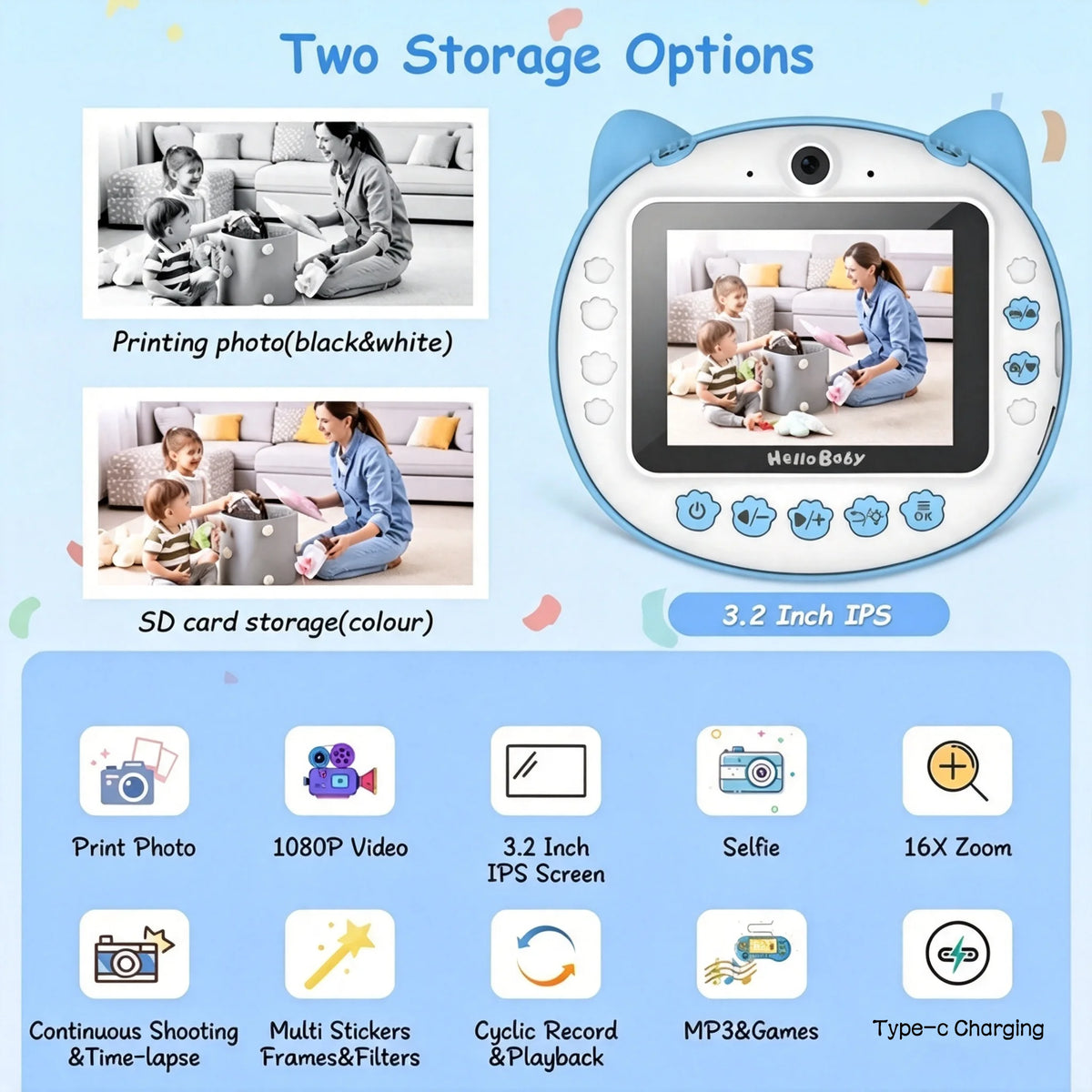 HelloBaby Instant Print Camera For Kids With 1080P Video