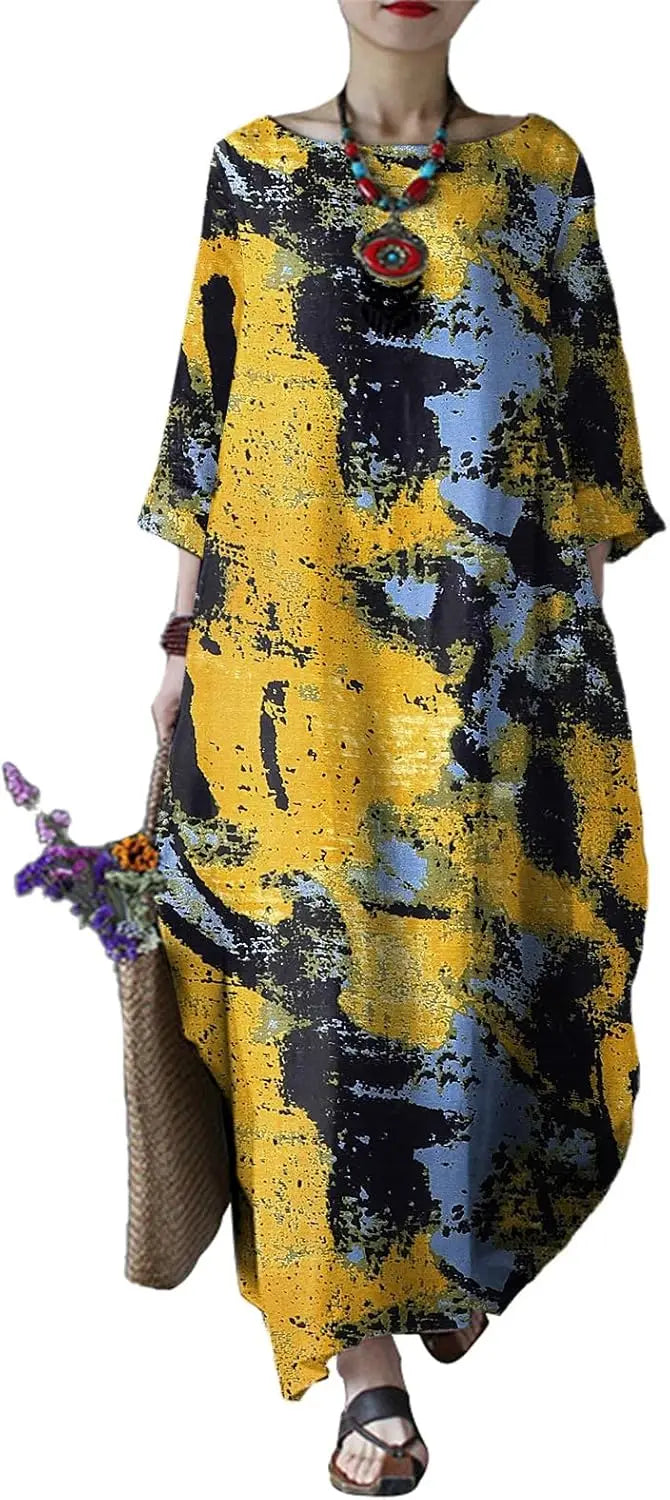 Autumn Solid Cotton Caftan Dress Loose Fit Women Casual