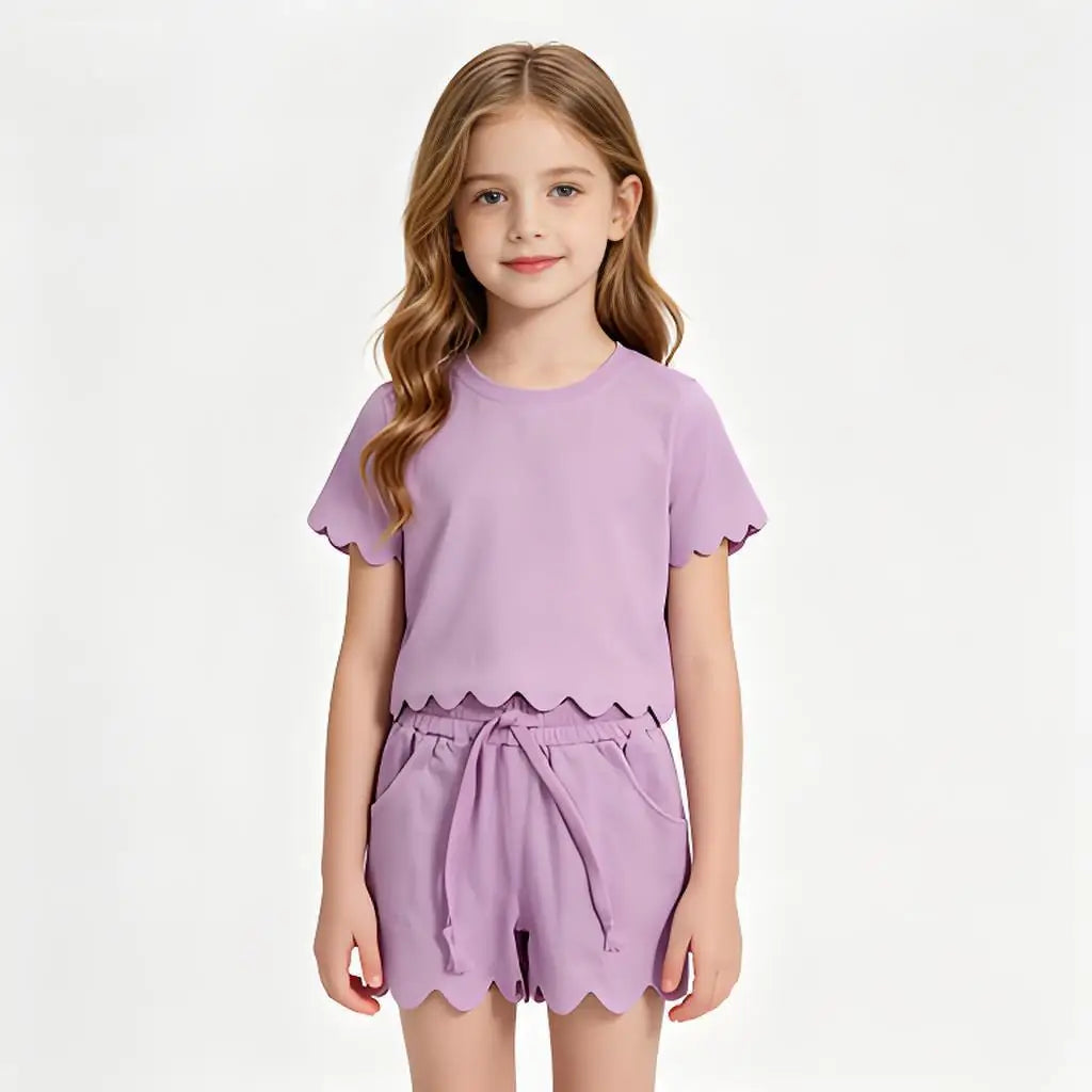 Cotton Baby Girls Sets With Scallop Shorts And Top