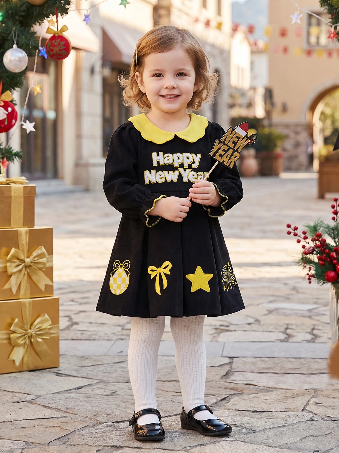Girls Long Sleeve V Neck Dress With Letter Embroidery Pockets