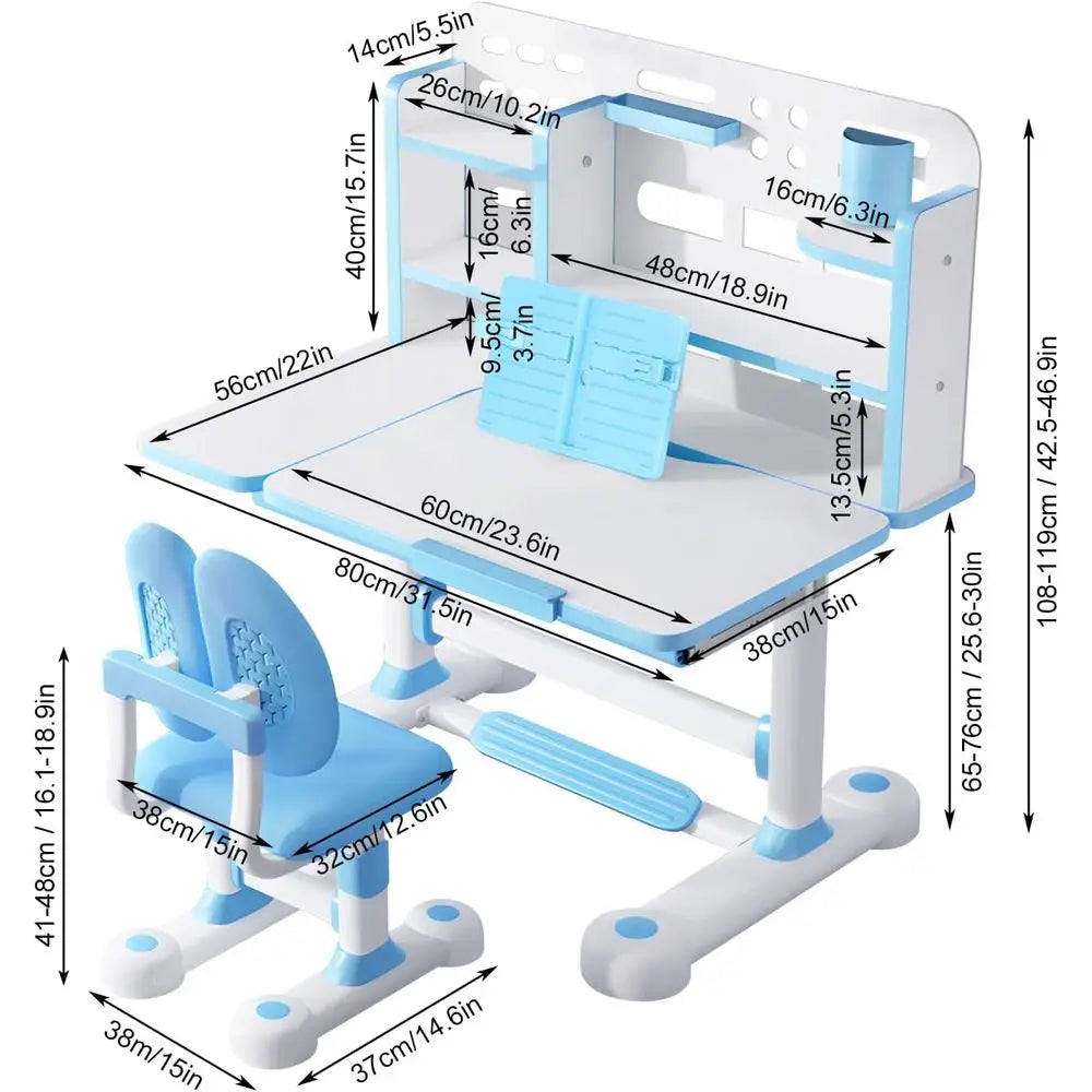 Kids Adjustable Desk And Chair Set With Bookshelf And Storage