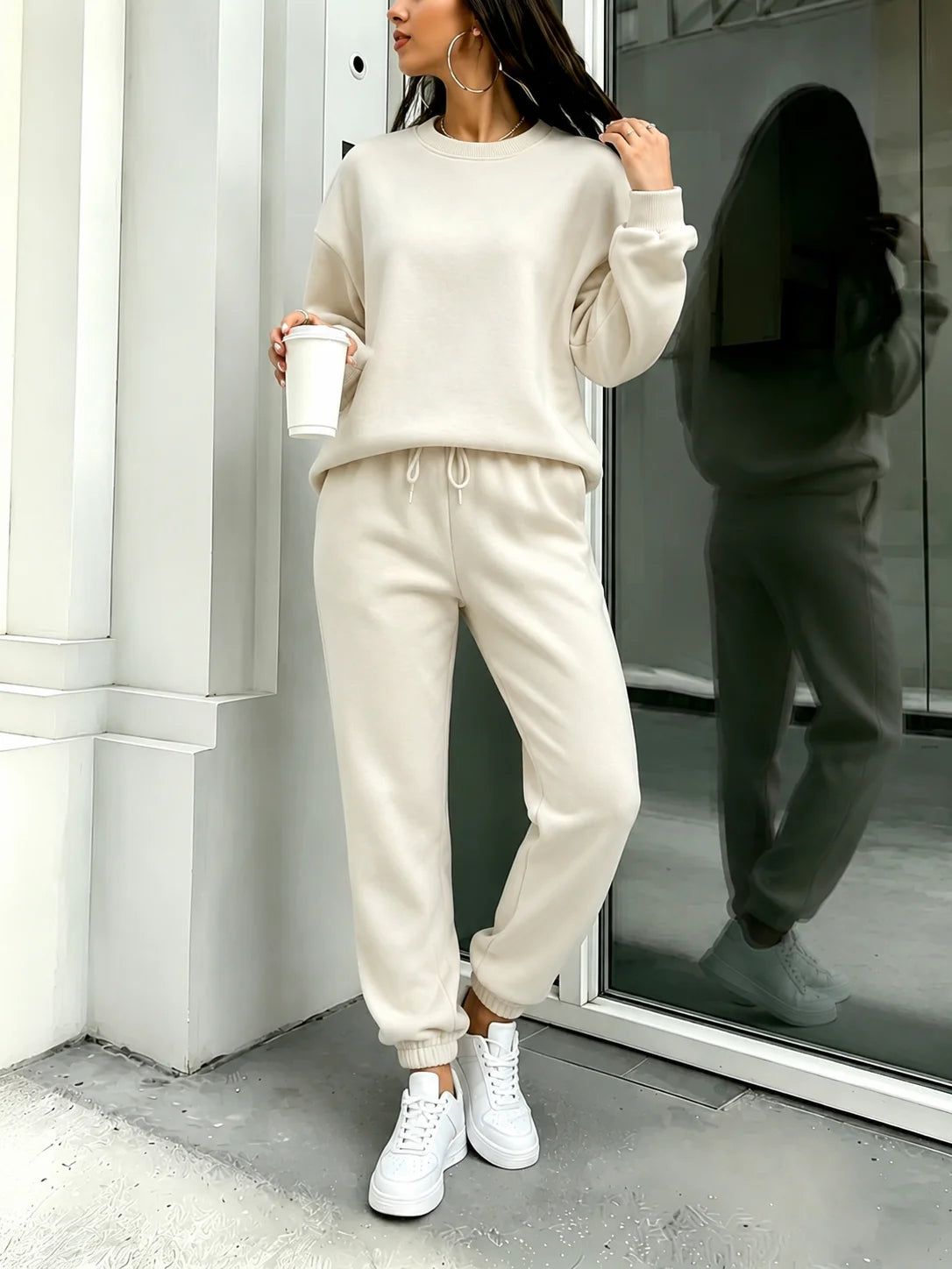 Women Solid 2 Piece Outfit, Oversized Crewneck Sweatshirt & Drawstring Jogger Pants Set, Casual Loose Tracksuit Loungewear for Daily Street WearAliExpress