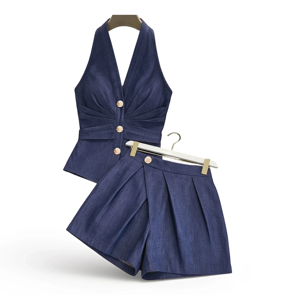 Women's Halter V Neck Sleeveless Two‑Piece Suit Button Detail Pleated Fitted Top Wrap Front Pleated Short Skort Ladies Set