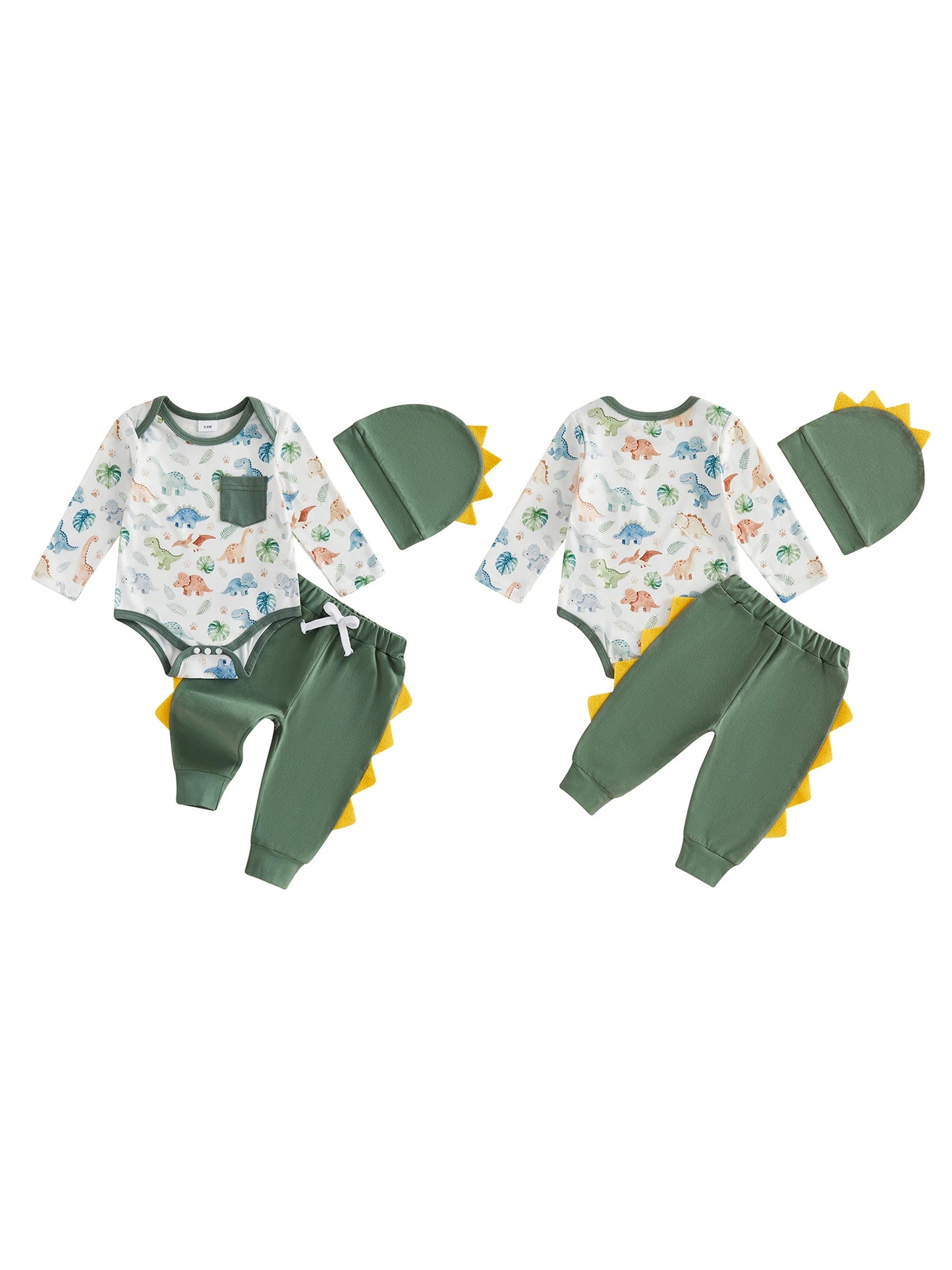 Dinosaur Print Baby Boy Pants Hat Set With Long Sleeve Outfit