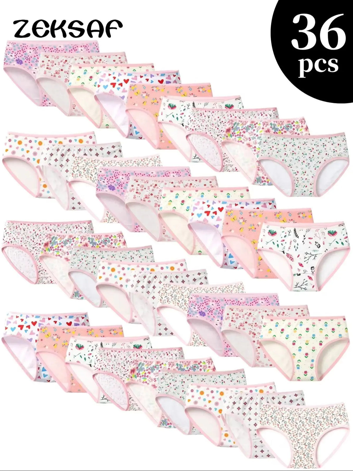 ZEKSAF Girls Cotton Briefs Pink Floral Design 36 Pack Elastic and Soft Underwears for Toddler