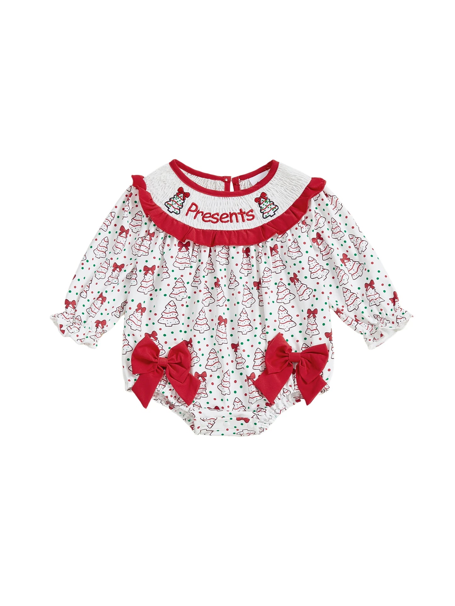 Baby Girl Bubble Romper With Christmas Tree Embroidery Long Sleeve
