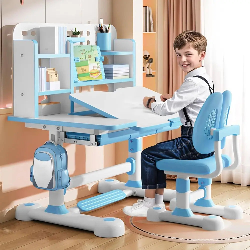 Kids Adjustable Desk And Chair Set With Bookshelf And Storage
