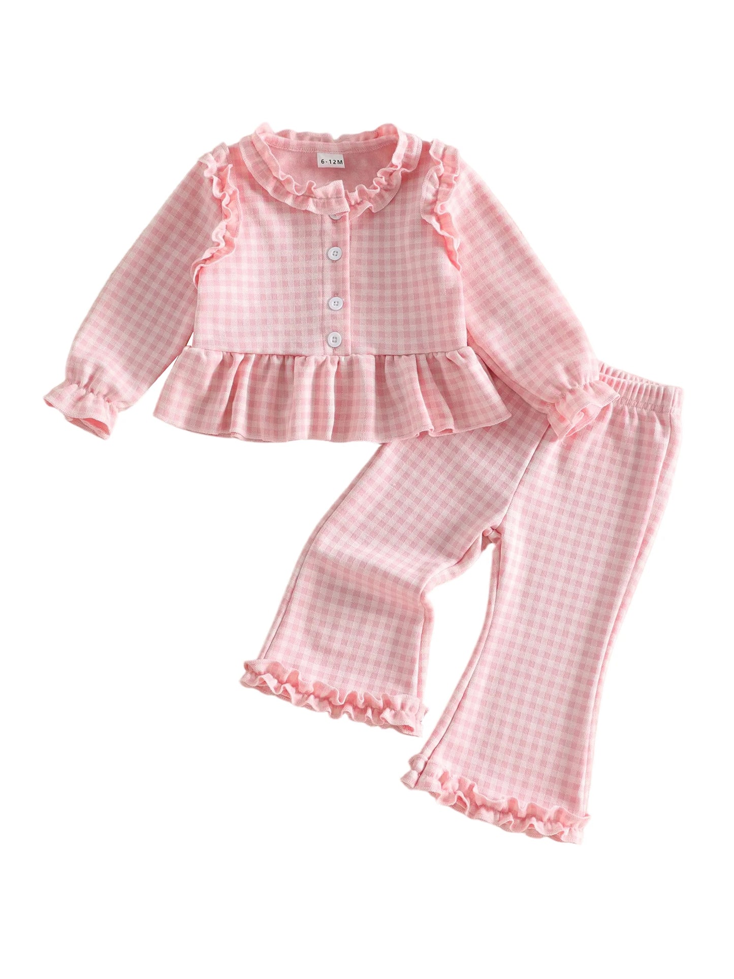 Girls Long Sleeve Plaid Bell Bottom Outfit Set For Fall