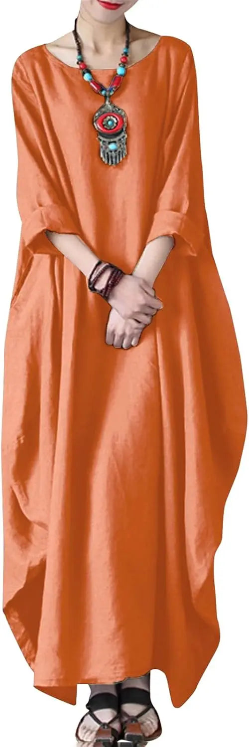 Autumn Solid Cotton Caftan Dress Loose Fit Women Casual