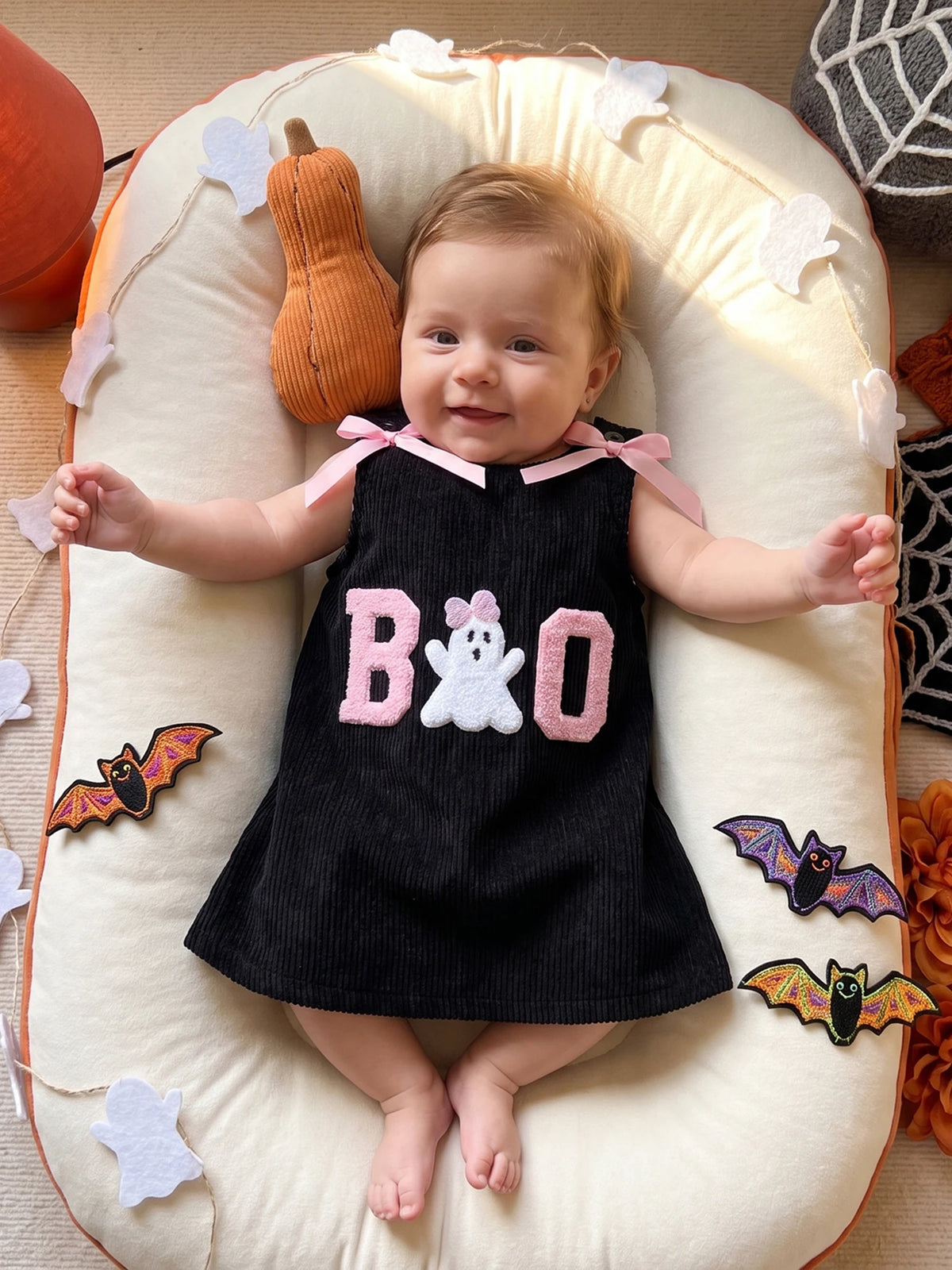 Bow Embroidered Corduroy Dress For Toddler Girl Halloween