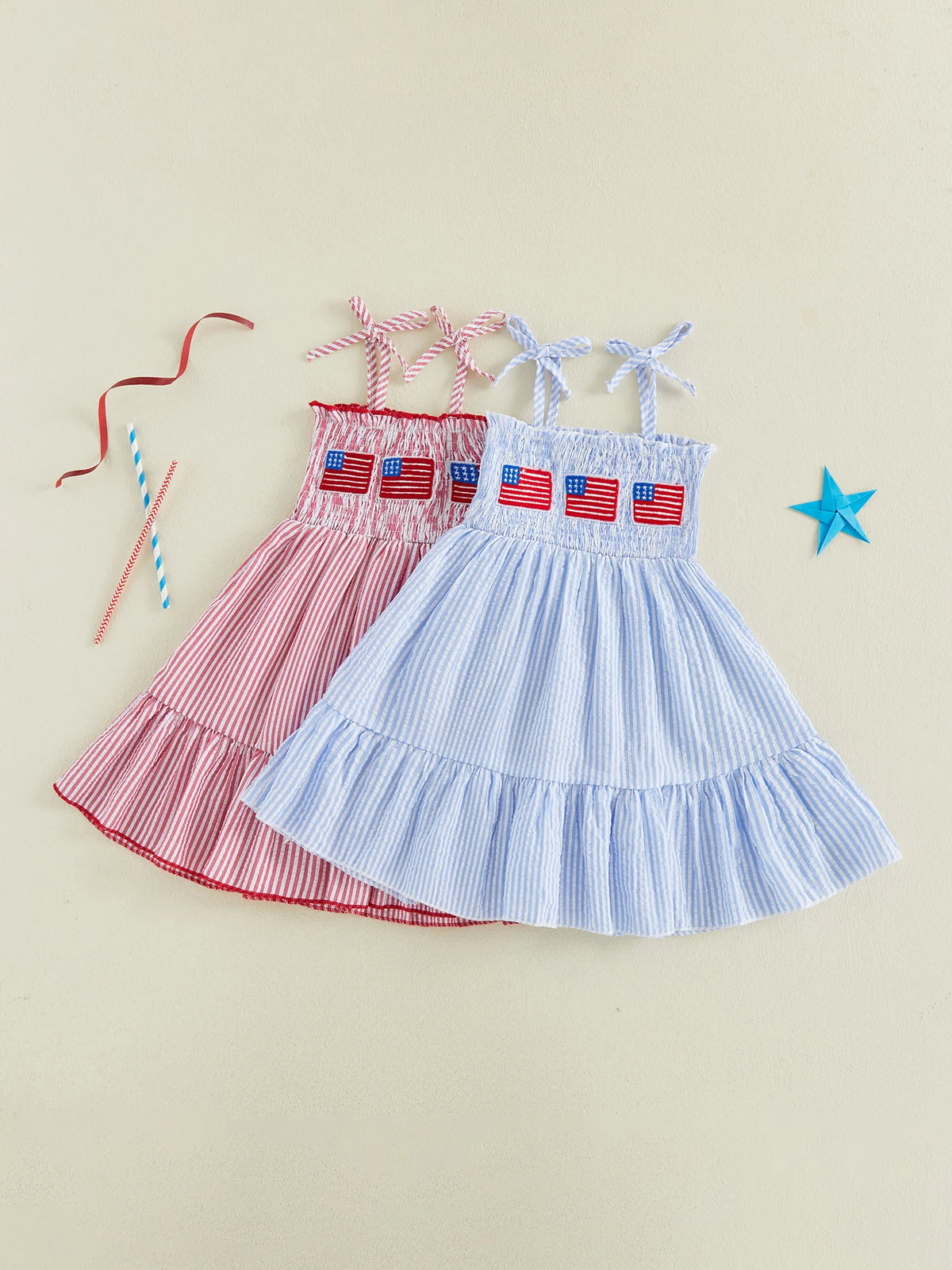 Infant Girls Patriotic Sleeveless Dress With Stars And Stripes Embroidery