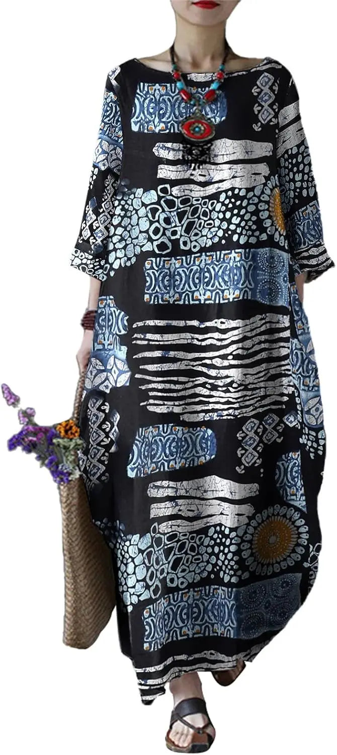 Autumn Solid Cotton Caftan Dress Loose Fit Women Casual