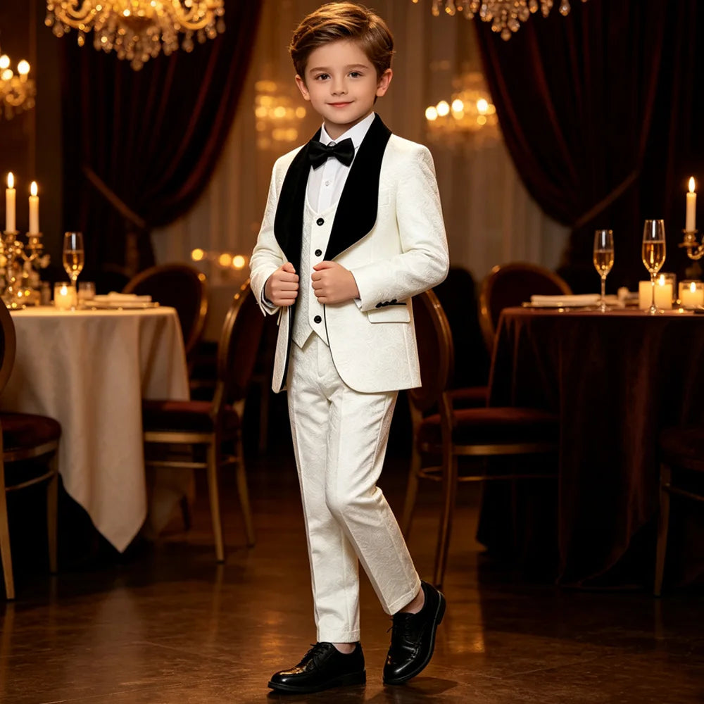 Boys Jacquard Tuxedo Suit 3 Piece Bow Tie Velvet Set