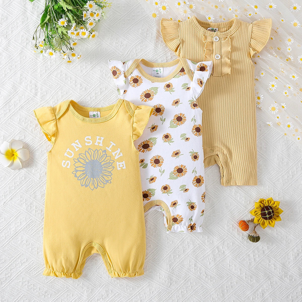 Baby Girls Soft Cotton Short Sleeve Floral Rompers Comfortable Bodysuit