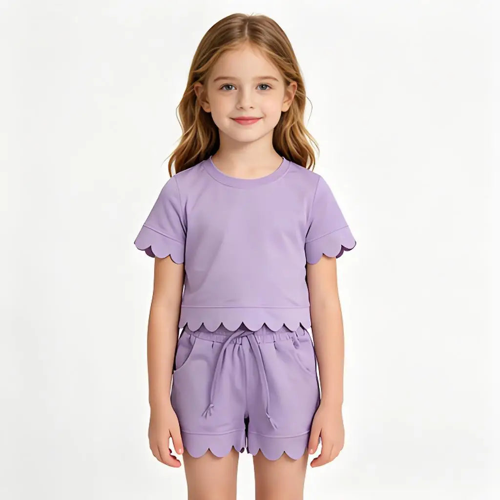 Cotton Baby Girls Sets With Scallop Shorts And Top