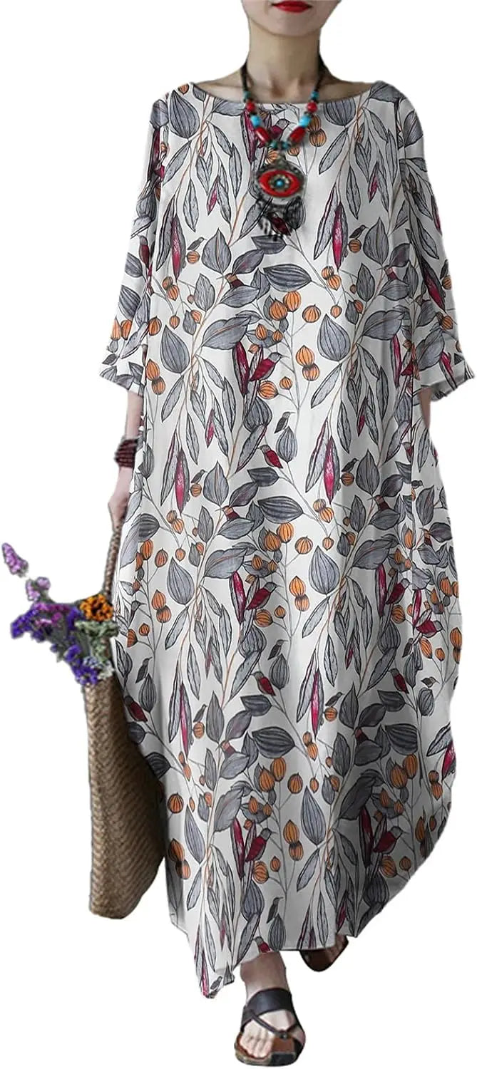 Autumn Solid Cotton Caftan Dress Loose Fit Women Casual