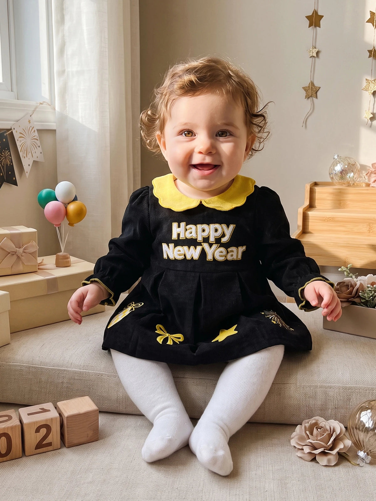Girls Long Sleeve V Neck Dress With Letter Embroidery Pockets