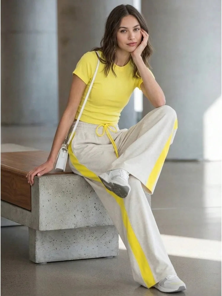 Women 2 Piece Sets Casual Outfit Solid Short Sleeves Crew Neck Crop T‑Shirt & Side Stripe Drawstring Wide Leg Sweatpants Set Sporty Matching Tracksuit