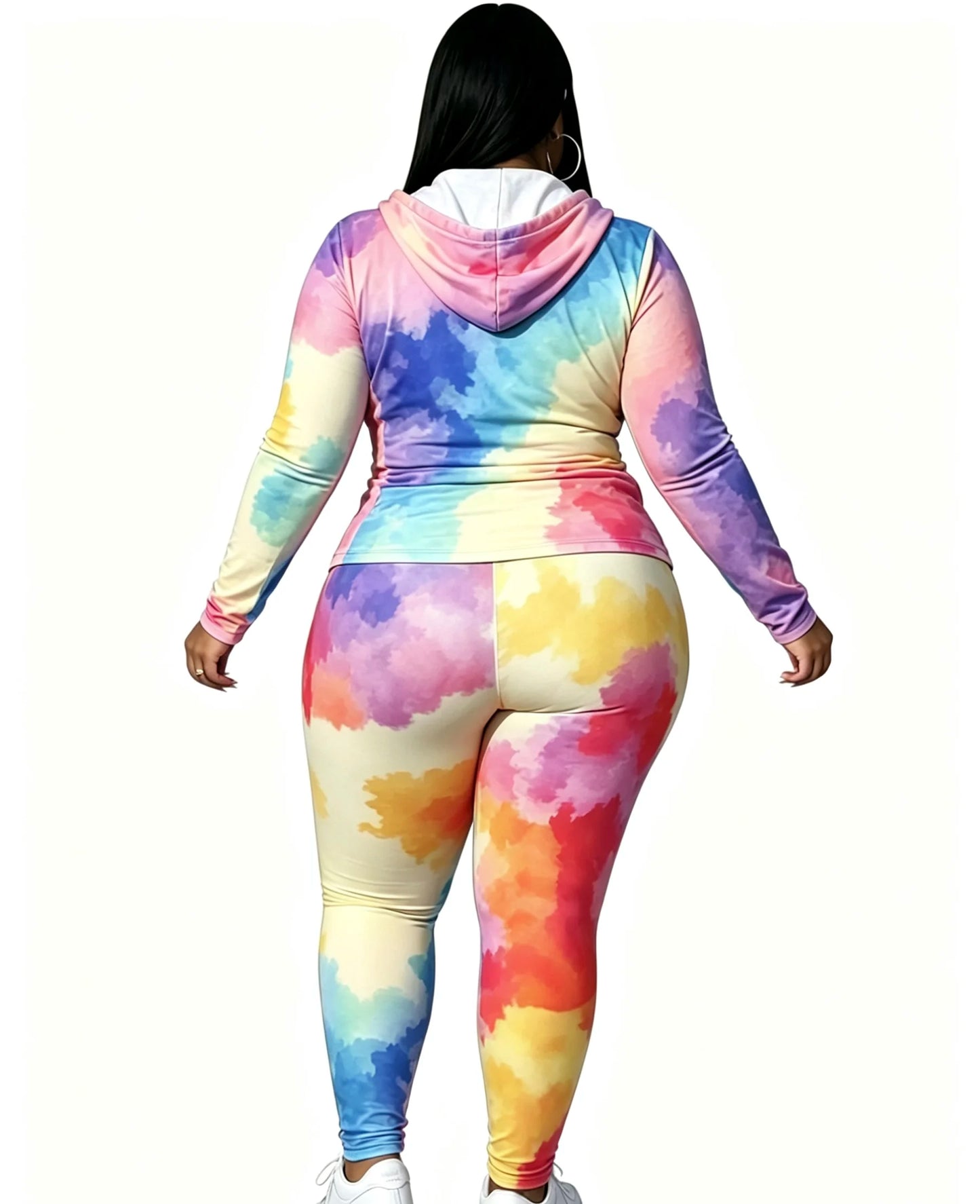Plus size rainbow tie-dye cinched waist hooded zip-up jacket and skinny pants two-piece set; casual sports print set