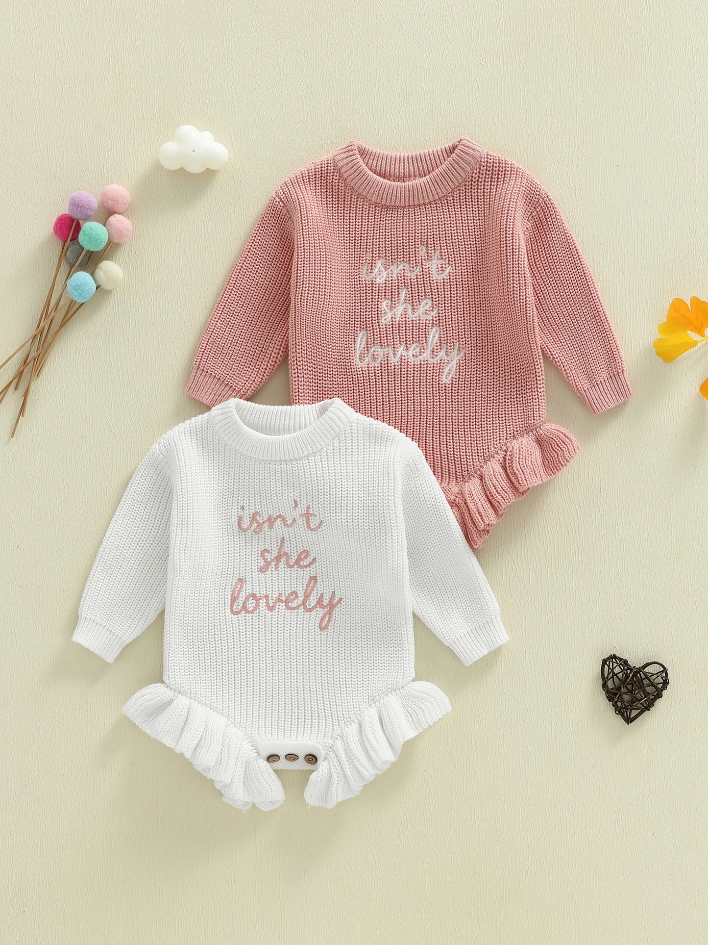 Infant Girl Cozy Knitted Romper With Embroidered Letters