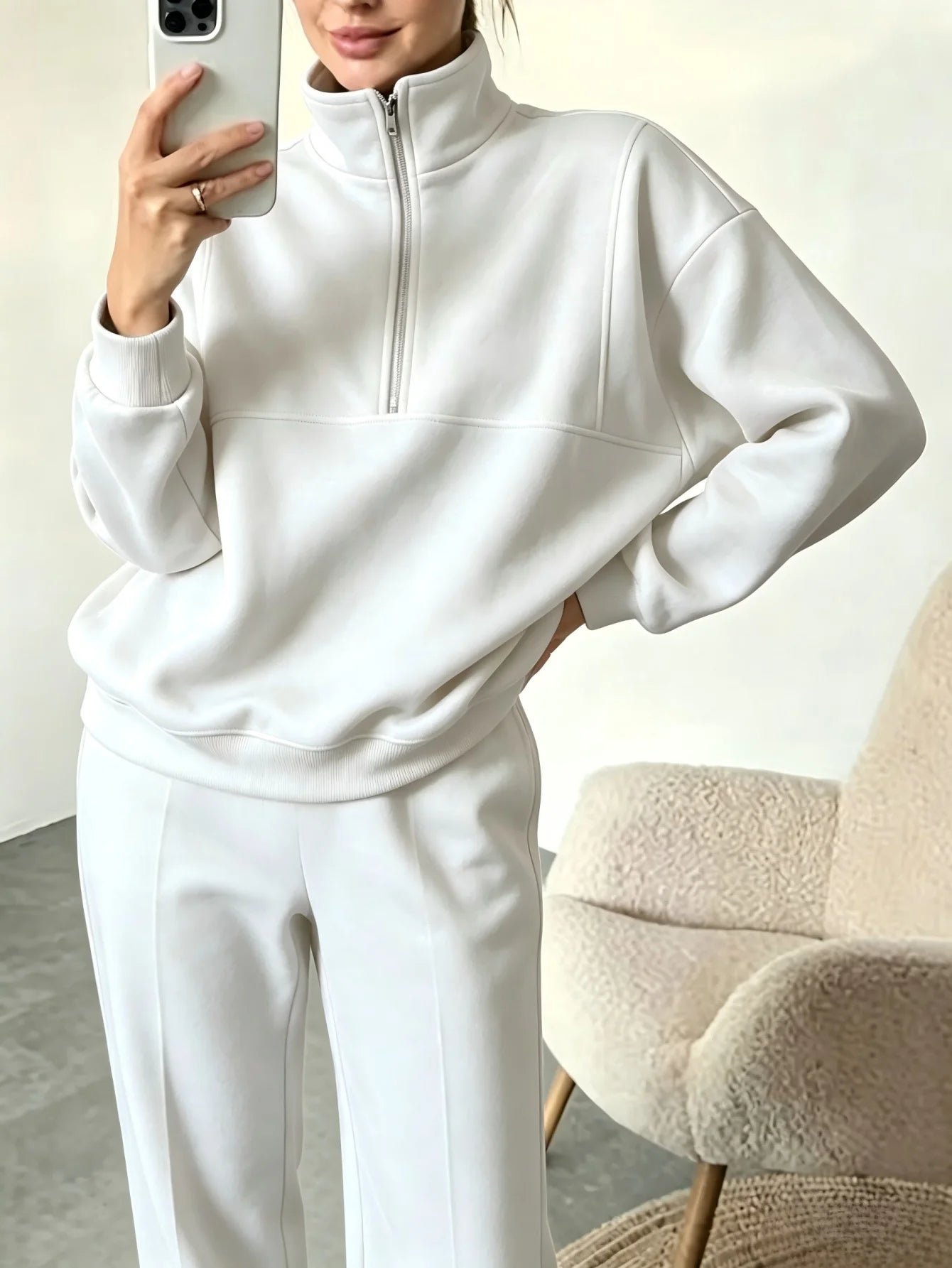 Women Half Zip Sweatshirt Pants Set Casual Stand Collar 2 Piece Outfit Loose Long Sleeve Tracksuit Soft Loungewear Suit Daily Streetwear