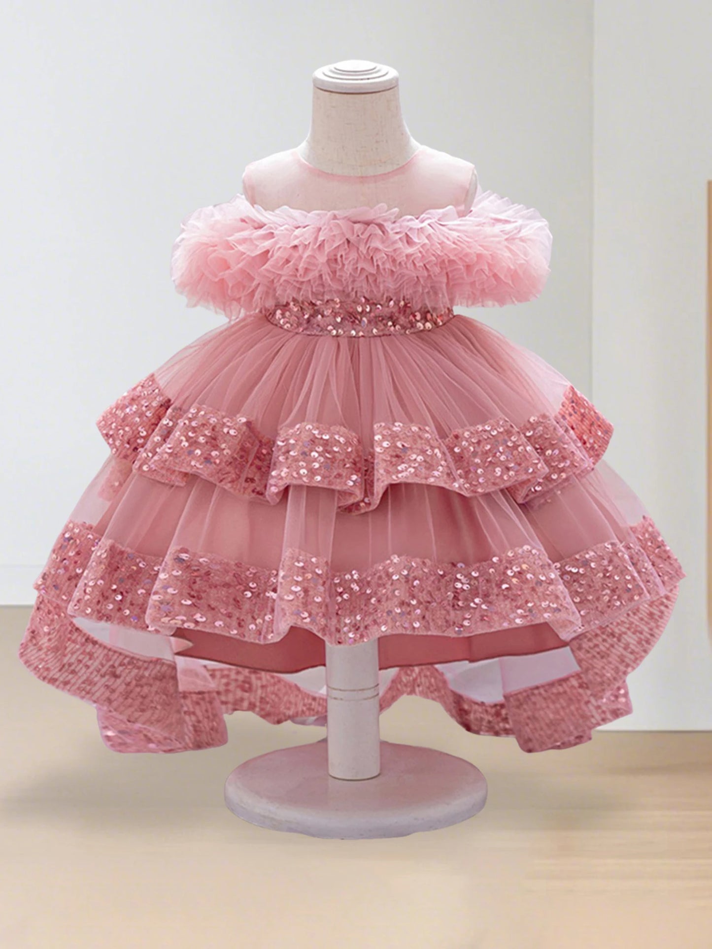 Girls Sequin Princess Dress with Tulle Skirt and High Hem