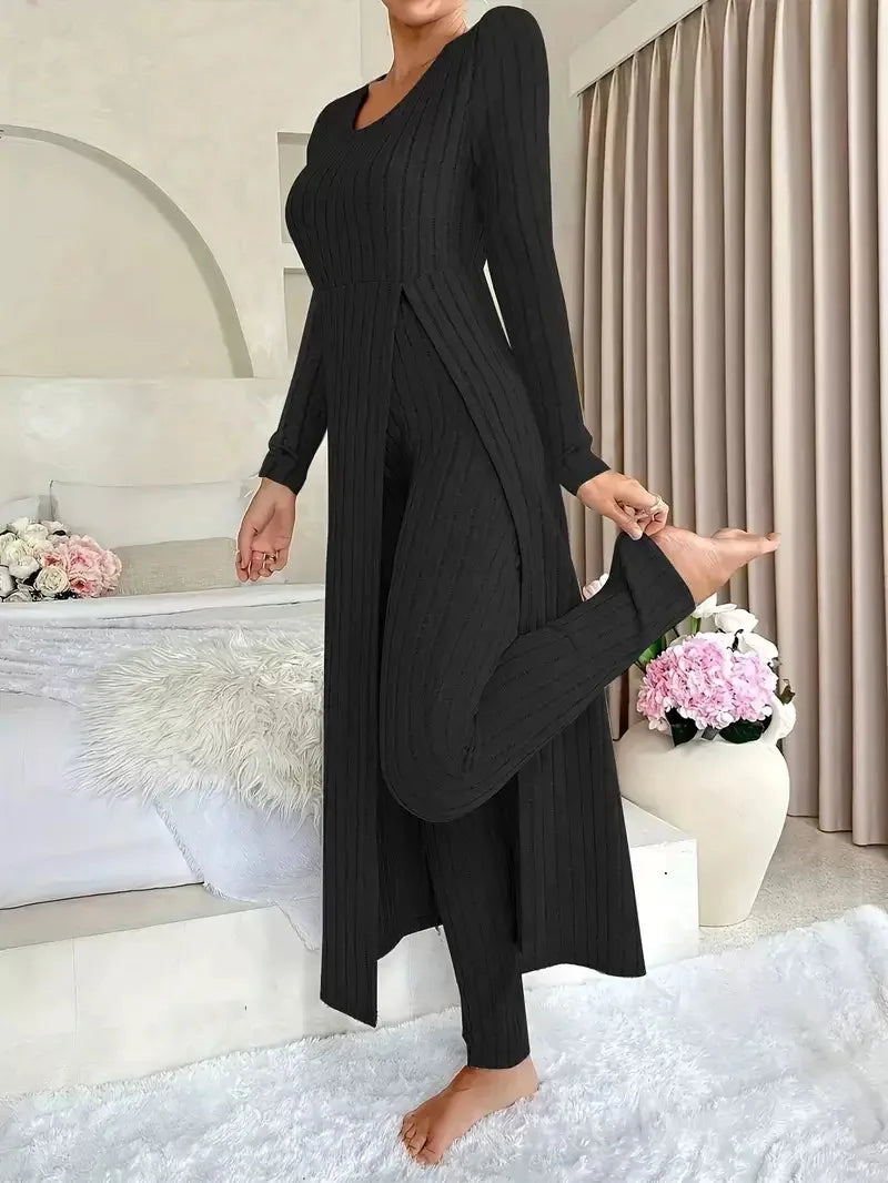 2026 New Fall/Winter Design Round-neck Slit Long-Sleeved Thick Striped Long-Sleeved Two-Piece Set (Extra Large Long-Sleeved Casual Wear)
