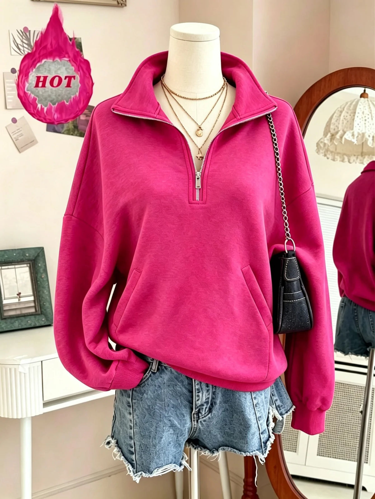 Women's Half Zip Fleece Sweatshirt Oversized Drop Shoulder Pullover with Pockets
