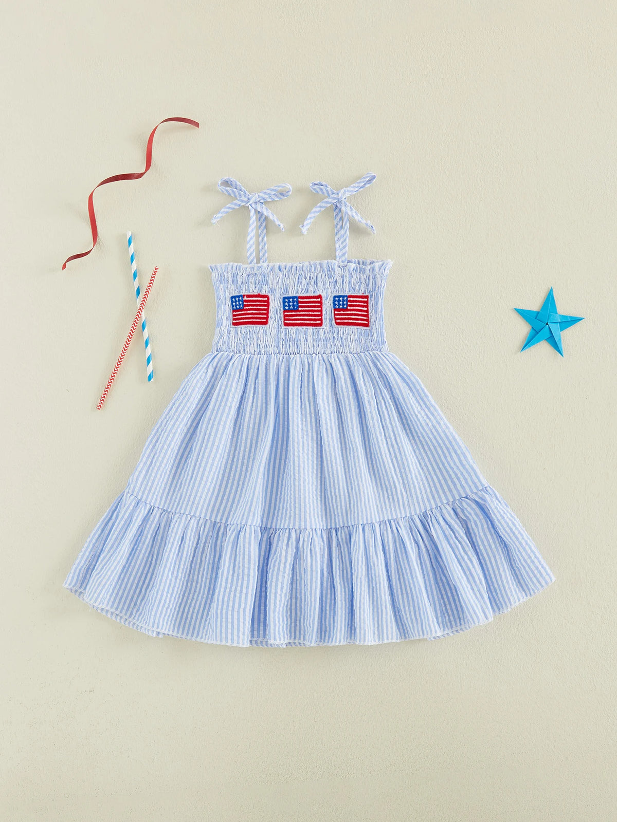 Infant Girls Patriotic Sleeveless Dress With Stars And Stripes Embroidery